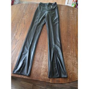 Size 2 PrettyLittleThing Black Faux Leather Seam Detail Split Hem Pants Trousers